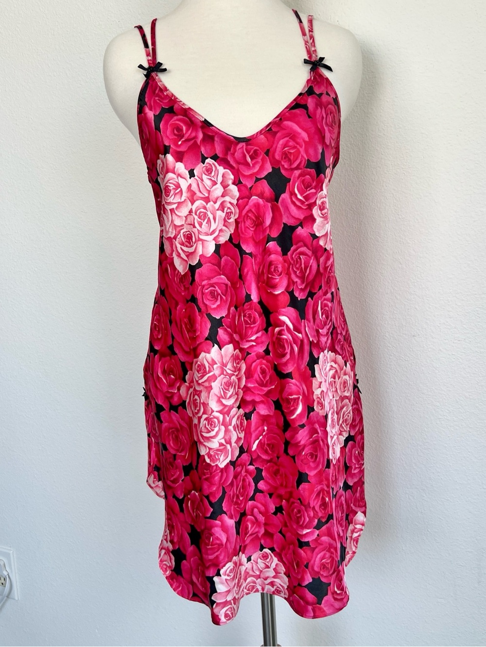 Private Luxuries Satin Slip Dress Pink Rose Floral Chemise Open Strappy Back